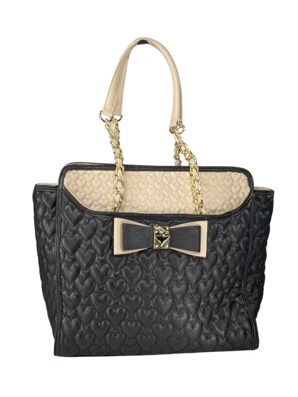 Betsey Johnson NWT Be My Honey Bun Black Cream Faux Leather Love Heart Tote